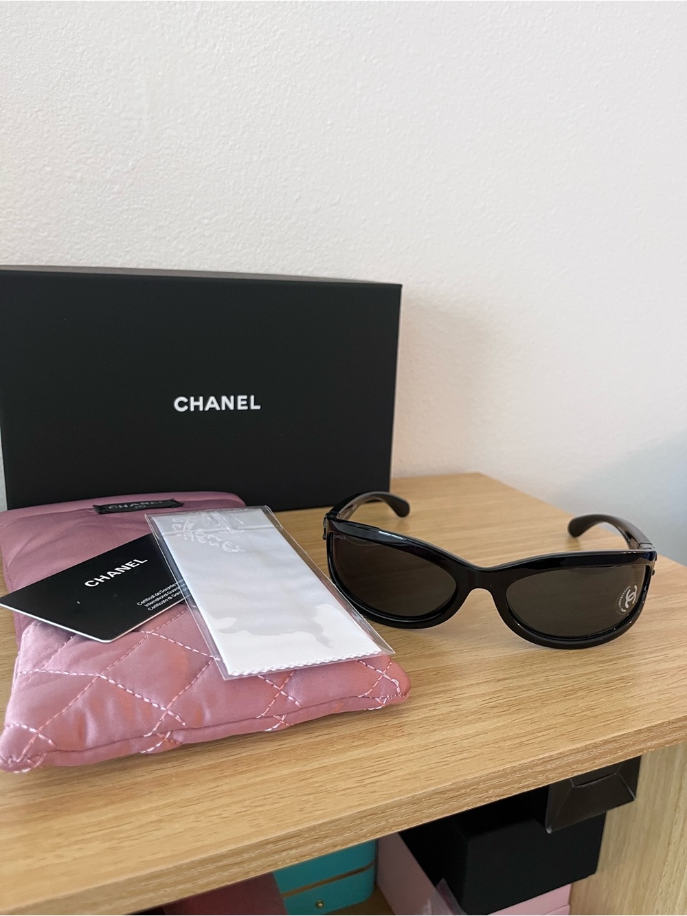 CHANEL Black Gloss Sunglasses with Pink Branded Case